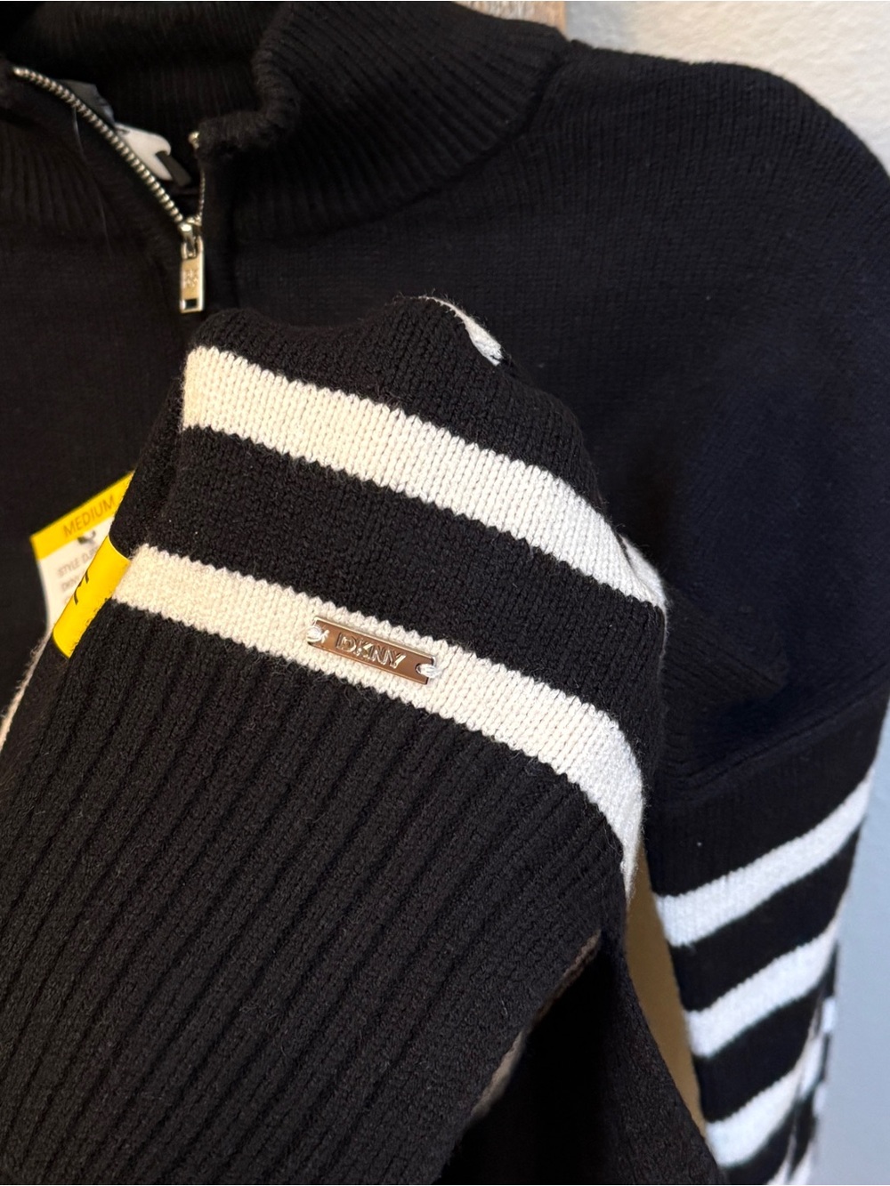 DKNY Black & White Striped Quarter Zip Mock Neck Sweater Womens M NWT - Picture 4 of 9